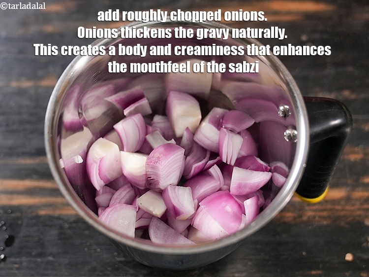 Step 3 – In a mixer jar, add 1 cup roughly <a href="https://www.tarladalal.com/glossary-chopped-onions-722i">chopped onions</a>. Onions thickens the gravy …
