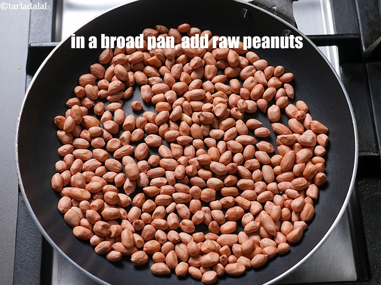 Step 3 – To make <strong>shengdanyachi amti</strong>, in a broad pan, add 1 cup&nbsp;<a href="https://www.tarladalal.com/glossary-raw-peanuts-kachi-mungfali-kachi-moongfali-847i">raw peanuts</a>.