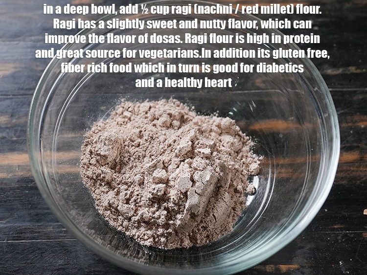 Step 3 – To make <strong>palak ragi dosa</strong>, in a deep bowl, add &frac12; cup <a href="https://www.tarladalal.com/glossary-ragi-flour-nachni-flour-nachni-ka-atta-red-millet-flour-1115i">ragi (nachni …