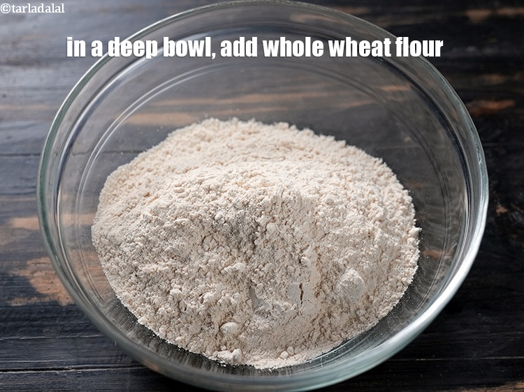 Step 3 – To make<strong> eggless whole wheat tart</strong>, in a deep bowl, add 1&frac12; cups whole wheat …