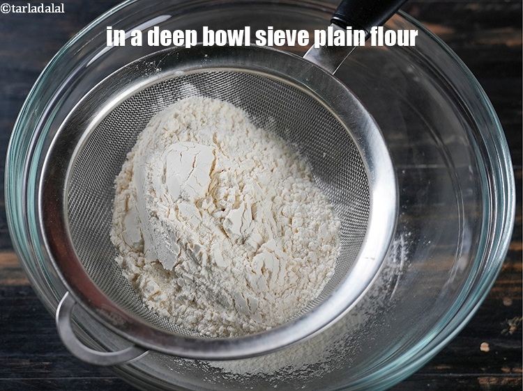 Step 3 – To make <strong>condensed milk cookie</strong>, in a deep bowl sieve 1&frac14; cups <a href="https://www.tarladalal.com/glossary-plain-flour-maida-188i">plain flour …