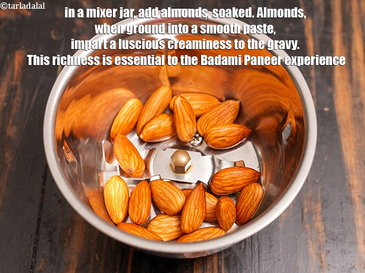 Step 3 – In a mixer jar, add 20 <a href="https://www.tarladalal.com/glossary-almonds-badam-378i">almonds (badam)</a>, soaked. Almonds, when ground into a …