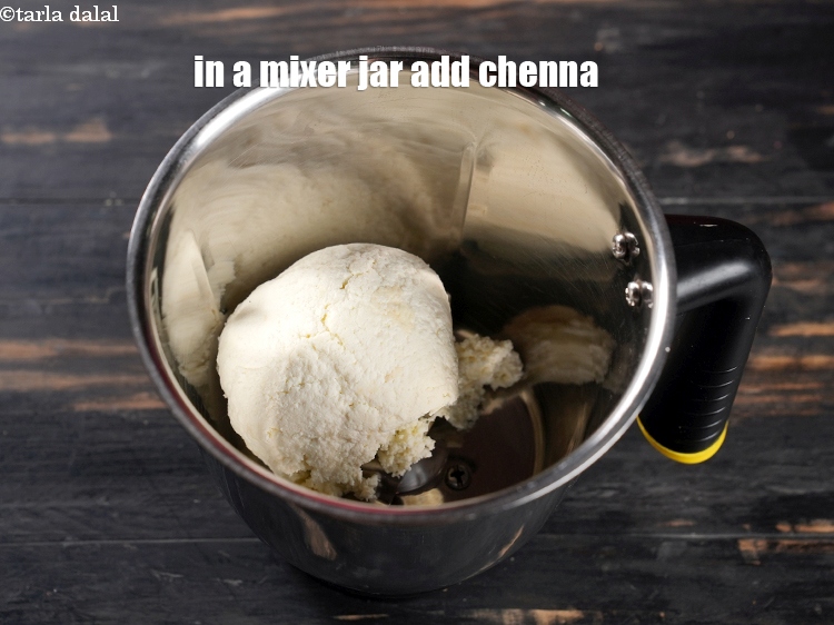 Step 15 – To make <strong>chenna malpua</strong>, in a mixer jar add &frac12; cup chenna.&nbsp;