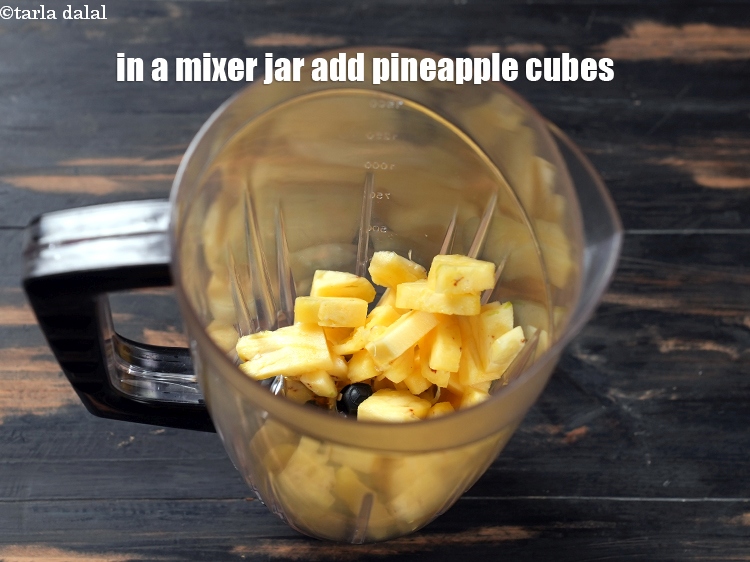 Step 3 – To make <strong>pineapple apple and cucumber juice,</strong>&nbsp;in a mixer jar add 1 cup <a href="https://www.tarladalal.com/glossary-pineapple-cubes-91i">pineapple …