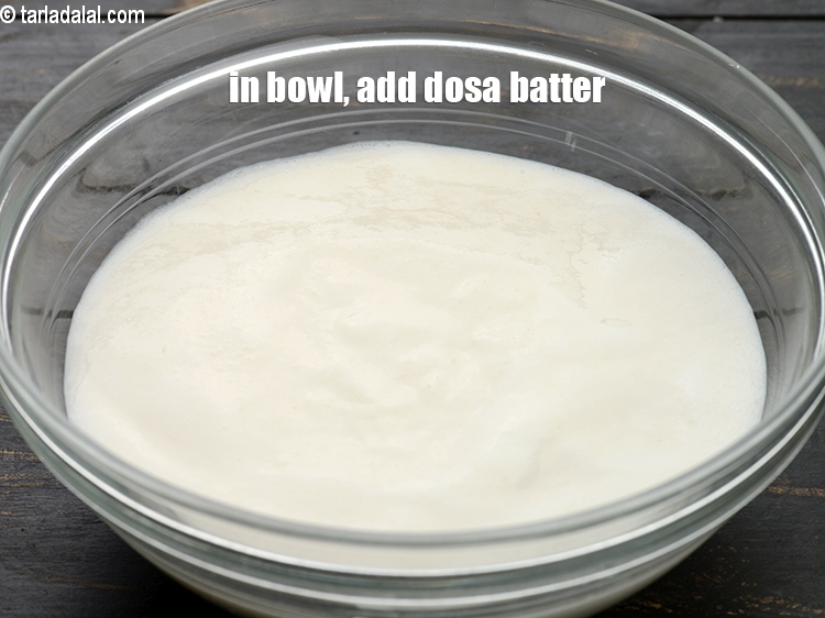 Step 3 – To make <strong>paneer and vegetable appe</strong>, in a deep bowl, add 1&frac14; cup <a href="https://www.tarladalal.com/glossary-dosa-batter-1891i">dosa …