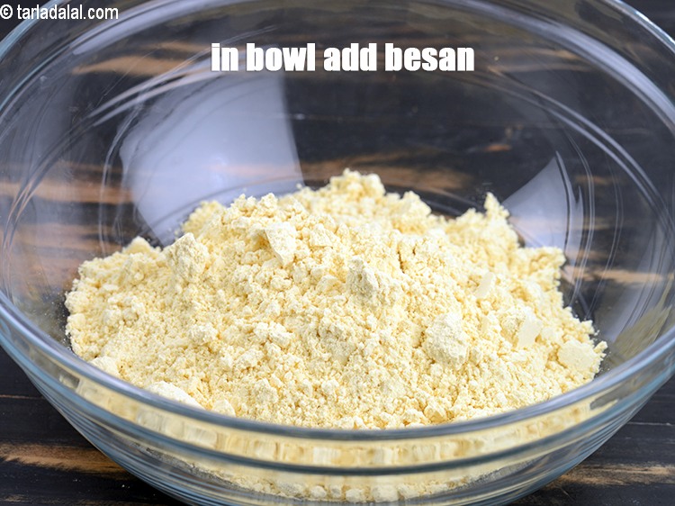 Step 3 – To make <strong>kothimbir vadi </strong>, In a deep bowl add 1 cup&nbsp;<a href="https://www.tarladalal.com/glossary-besan-chana-dal-flour-bengal-gram-flour-952i">besan (bengal gram …