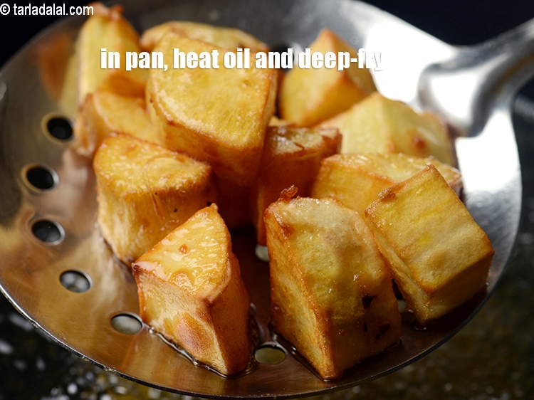 Step 3 – To make <strong>shakarkand chaat</strong>, in a deep pan, heat oil and deep-fry the sweet potato …
