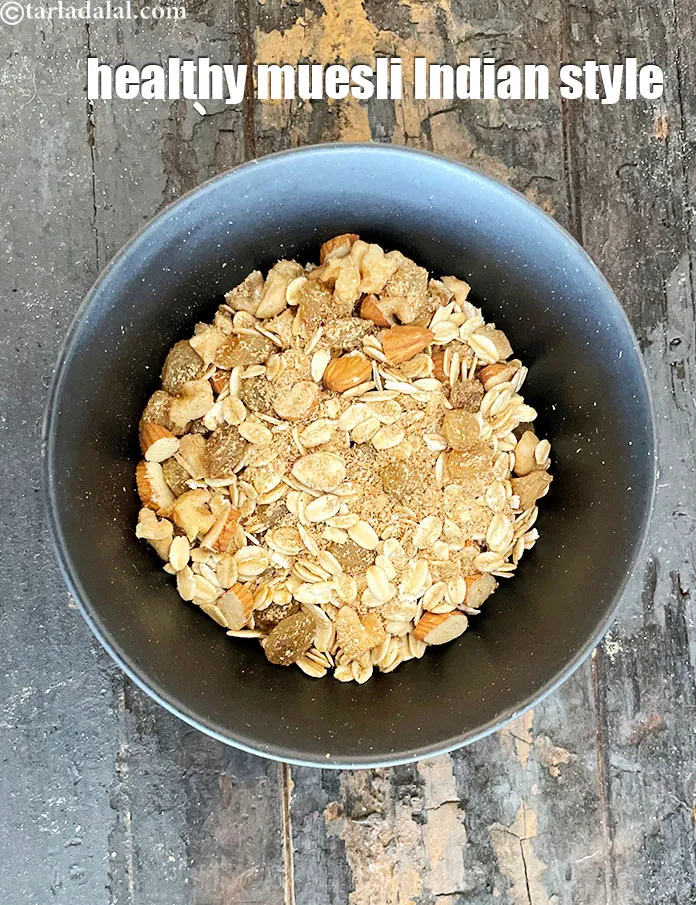 Step 32 – <meta charset="UTF-8" /> Transfer the <strong>healthy Indian muesli&nbsp;</strong>into a bowl.