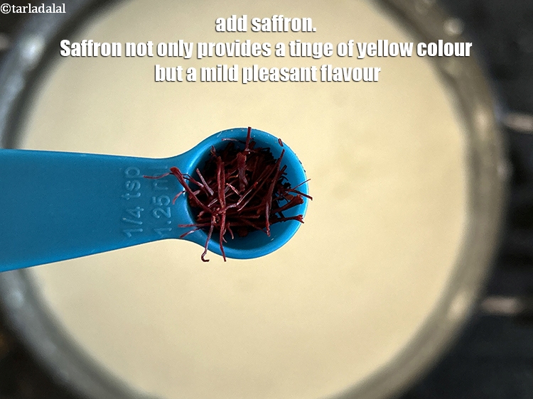 Step 27 – Add <strong>1/8th tsp saffron</strong>. Saffron has a vibrant golden yellow color that naturally infuses the …