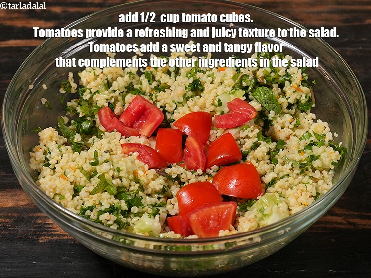 Step 24 – Add&nbsp;1/2&nbsp;cup <a href="https://www.tarladalal.com/glossary-tomato-cubes-728i"><strong>tomato </strong></a><strong>, finely chopped.&nbsp;</strong>Tomatoes provide a refreshing and juicy texture to the salad.&nbsp;Tomatoes …