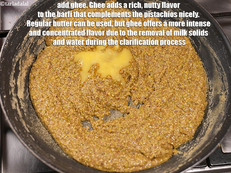 स्टेप 12 – २&nbsp; टी-स्पून&nbsp;<a href=""https://www.tarladalal.com/glossary-ghee-hindi-245i"">घी</a>&nbsp;डालें। घी बर्फी में एक समृद्ध, मेवे जैसा …