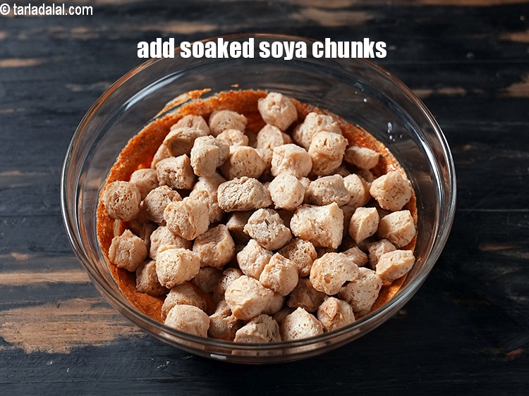 Step 19 – Add the soaked soya chunks.
