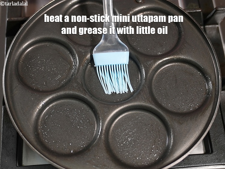Step 12 – Heat a non-stick mini uttapam pan and grease it with little oil.