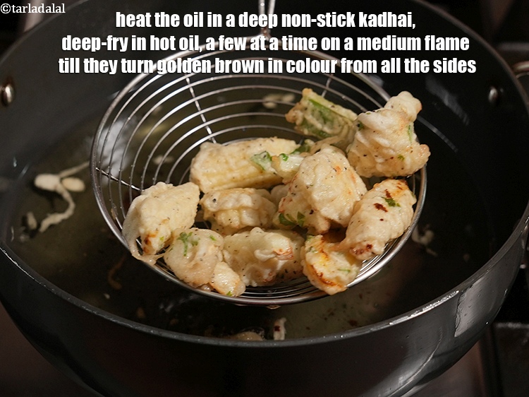 Step 12 – Heat the oil in a deep non-stick kadhai, deep-fry in hot oil, a few at …