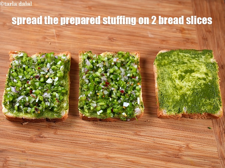 Step 12 – Spread &frac14; of the prepared stuffing on 2 bread slices.