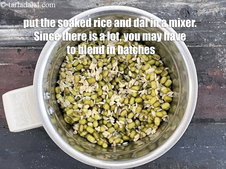 Step 13 – Put the soaked and drained rice in a mixer. Since there is lots of it, …