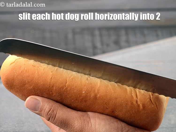 Step 12 – Slit each hot dog roll horizontally into 2.