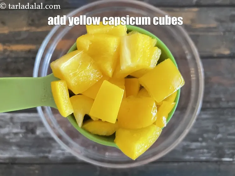Step 14 – Add&nbsp;<meta charset="UTF-8" />1/2 cup&nbsp;<a href="glossary-yellow-capsicum-cubes-2177i">yellow capsicum cubes</a>.