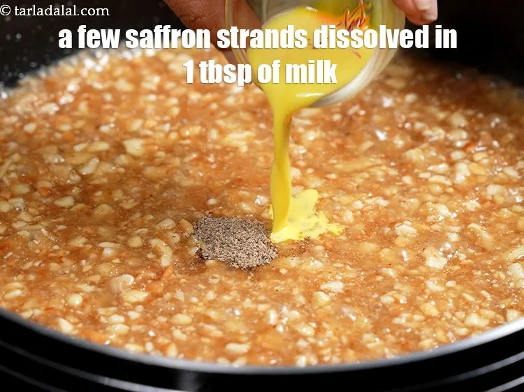 Step 12 – Add 1/4 tsp&nbsp;<a href="https://www.tarladalal.com/glossary-saffron-kesar-520i">saffron (kesar) strands</a>&nbsp;dissolved in 1 tbsp of&nbsp;<a href="https://www.tarladalal.com/glossary-milk-doodh-full-cream-milk-514i">milk</a>&nbsp;mixture. Make sure to use …