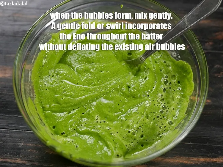 Step 13 – When the bubbles form, mix gently. A gentle fold or swirl incorporates the Eno throughout …