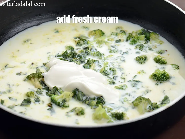 Step 13 – Add 1/4 cup&nbsp;<a href="https://www.tarladalal.com/glossary-fresh-cream-1877i">fresh cream</a>. &nbsp;