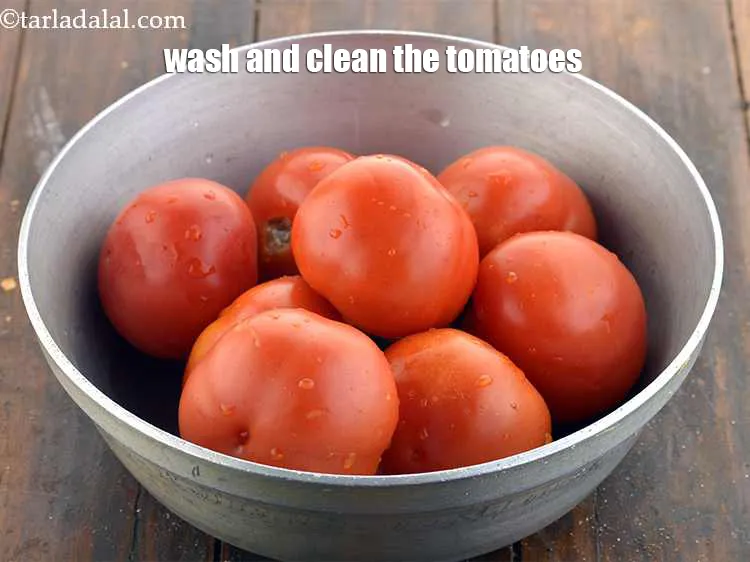 Step 13 – Meanwhile, wash and clean the tomatoes. Use bright, red, firm tomatoes for making the&nbsp;<strong>Fresh Tomato …