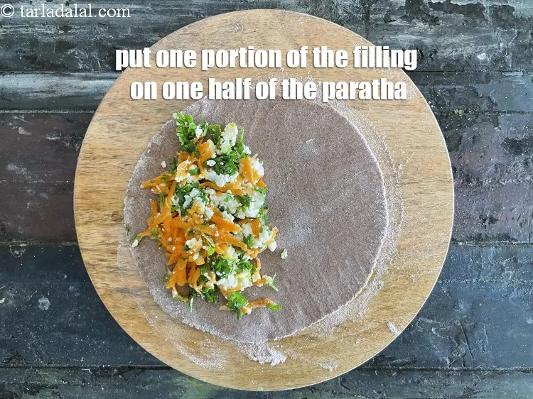 Step 18 – <meta charset="UTF-8" />Put 1 portion of the filling on one half of the roti.