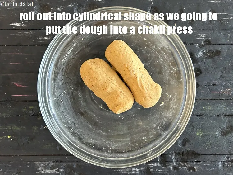 Step 14 – Roll into cylinderical shape as we are going to put the dough into a chakli …