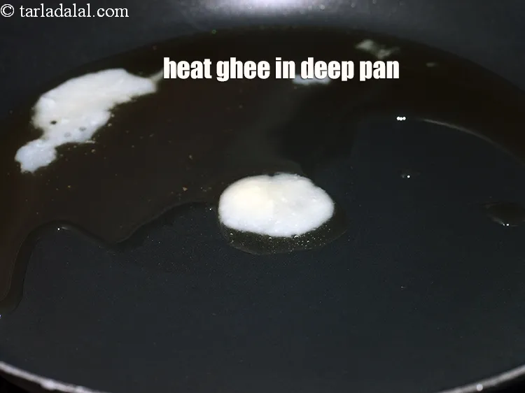 Step 13 – Heat 3 tbsp ghee in a deep non-stick pan.&nbsp;