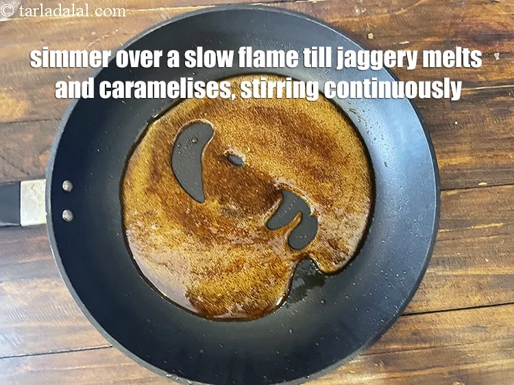 Step 13 – <meta charset="UTF-8" />Simmer over a slow flame till the jaggery melts and caramelizes.