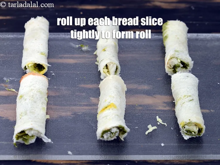 Step 13 – Roll up each bread slice tightly to form a roll.