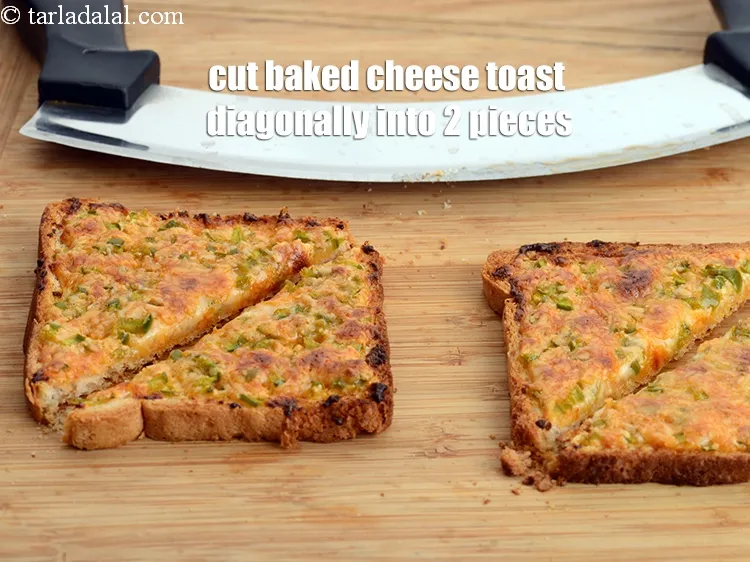 Step 13 – Cut the baked cheese toast diagonally into 2 equal pieces.