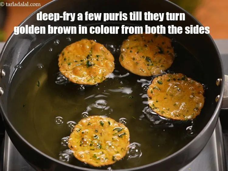 Step 14 – Heat the oil in a deep non-stick kadhai and deep-fry, a few puris at a …