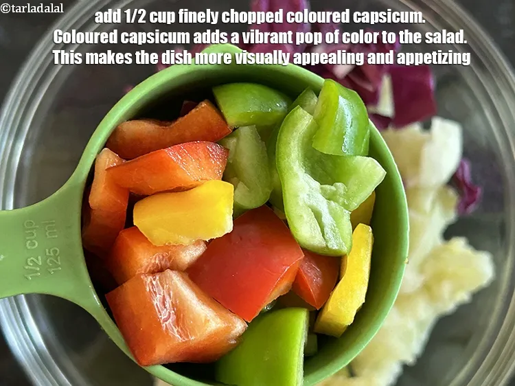 Step 15 – Add 1/2&nbsp;cup finely chopped coloured capsicum.&nbsp;Coloured capsicum adds a vibrant pop of color to the …