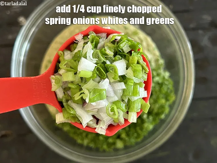 Step 16 – Add&nbsp;<meta charset="UTF-8" />1/4 cup&nbsp;finely&nbsp;<a href="glossary-chopped-spring-onion-whites-815i">chopped spring onions whites</a>&nbsp;and greens.