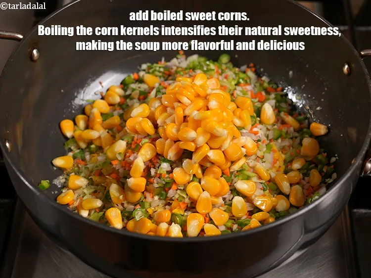 Step 14 – Add &frac12; cup boiled sweet corns. Boiling the corn kernels intensifies their natural sweetness, making …