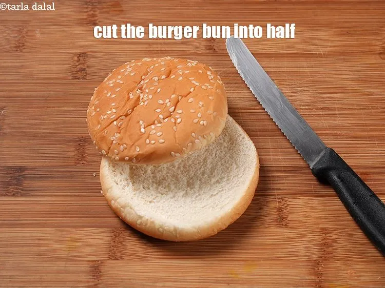 Step 14 – Cut the burger bun into half horizontally using a sharp knife.