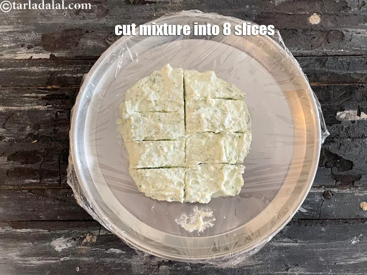 Step 15 – Cut <strong>herb cottage cheese mixture</strong>&nbsp;into 8 slices.
