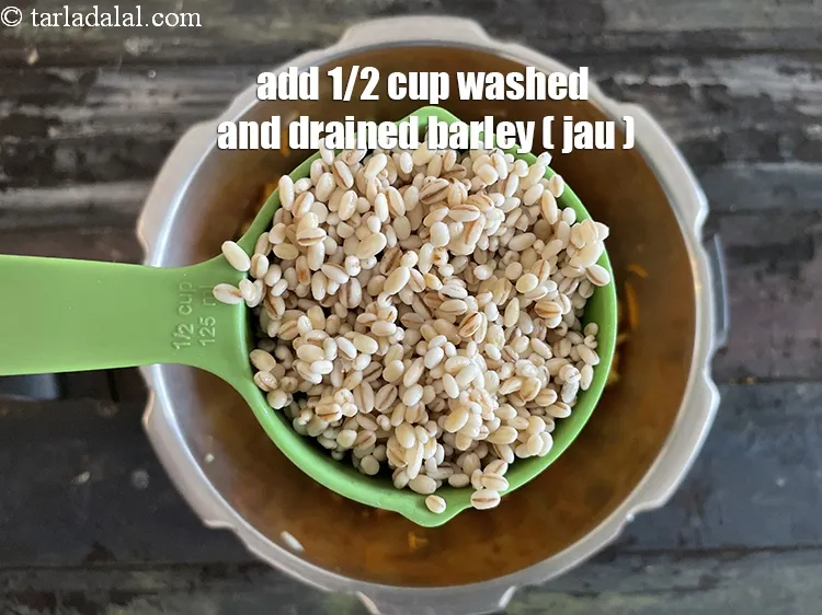 Step 34 – Barley is a healthy substitute for rice in this khichdi.