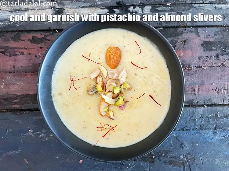 Step 22 – After cooling and before putting the rabdi in the fridge, we must garnish it. Garnish …