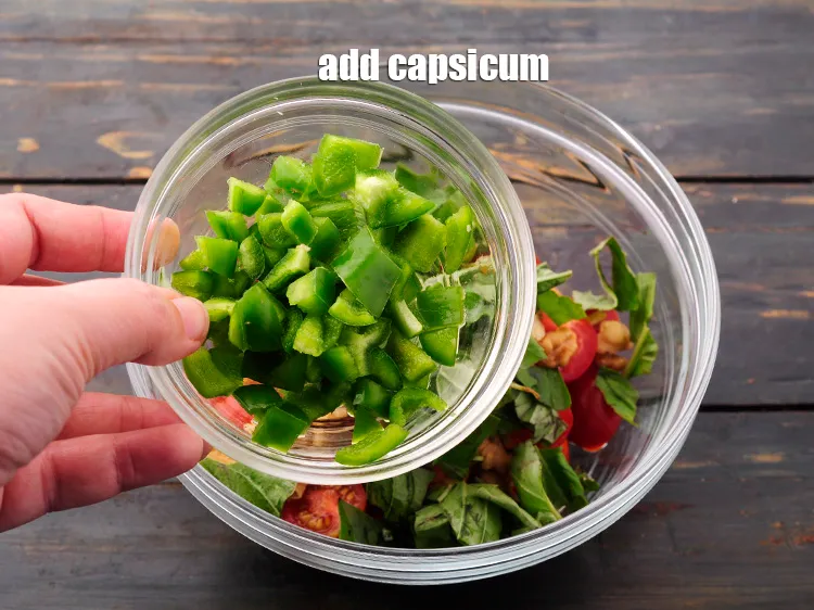 Step 14 – Add the capsicum. You can use coloured capsicum for added eye appeal.&nbsp;