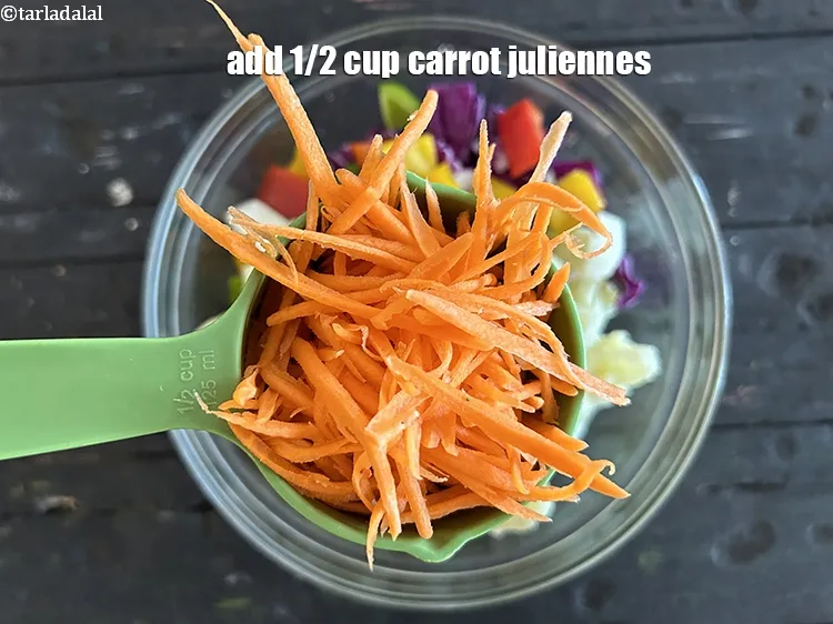 Step 16 – Add&nbsp;<meta charset="UTF-8" />1/2 cup&nbsp;<a href="glossary-carrot-juliennes-754i">carrot juliennes</a>.&nbsp;<a href="https://www.tarladalal.com/recipes-using-carrot-253">Carrots</a>&nbsp;have the nutrient Beta Carotene which is a form …