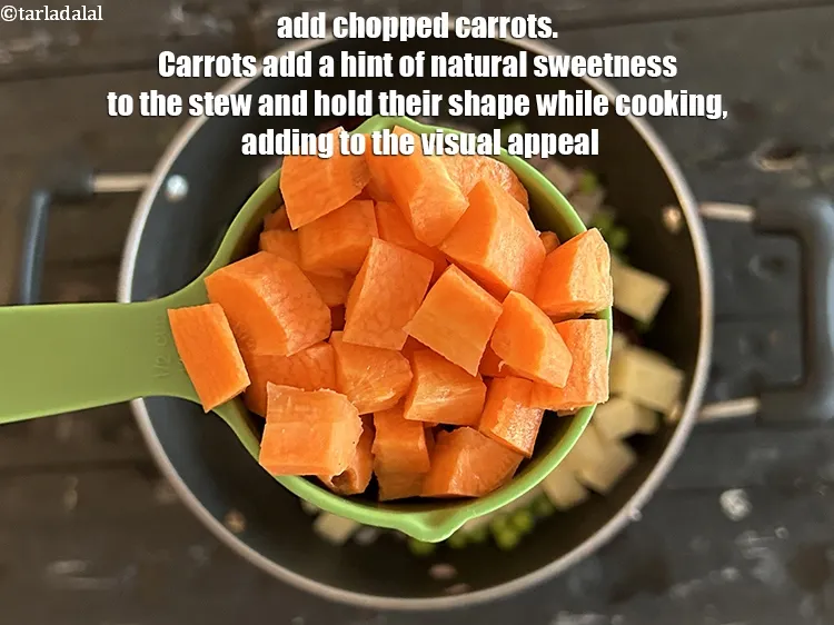 Step 19 – Add&nbsp;1/2 cup chopped carrots.&nbsp;Carrots add a hint of natural sweetness to the stew, complementing the …