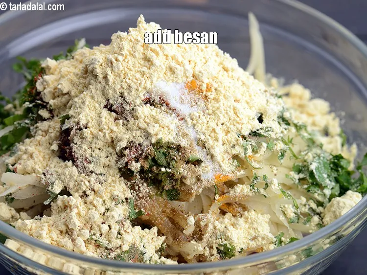 Step 15 – Add &frac14; cup <a href="https://www.tarladalal.com/glossary-besan-chana-dal-flour-bengal-gram-flour-952i">besan (bengal gram flour)</a>.