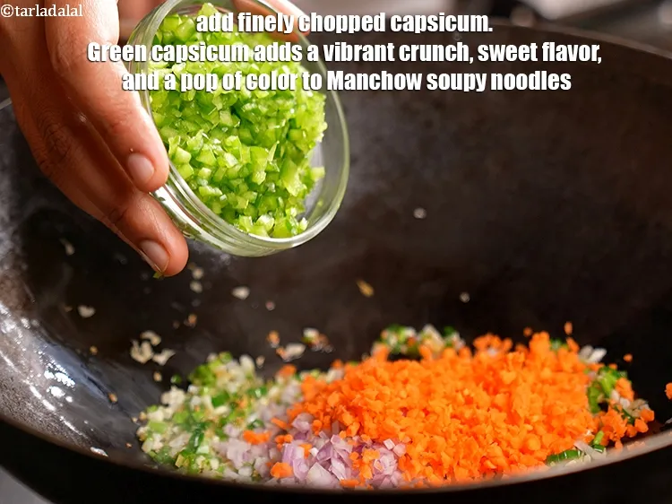 Step 15 – Add &frac12; cup finely <a href="https://www.tarladalal.com/glossary-chopped-capsicum-164i">chopped capsicum</a>. Green capsicum (bell pepper) adds a vibrant crunch, …