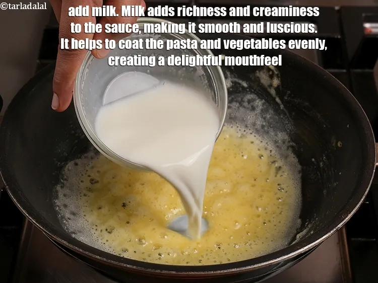 Step 15 – Add 1&frac12; cups <a href="https://www.tarladalal.com/glossary-milk-doodh-full-cream-milk-514i">milk</a>. Milk adds richness and creaminess to the sauce, making it …