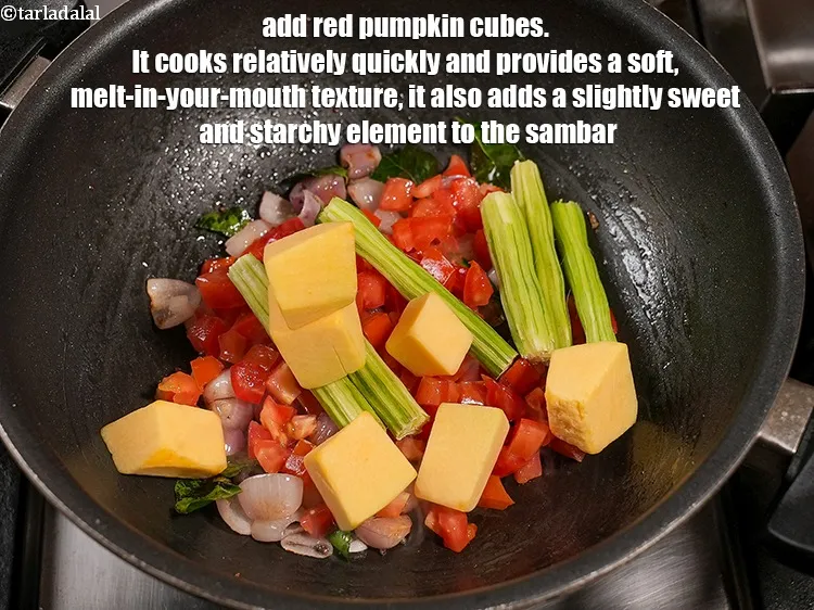 Step 15 – Add &frac14; cup <a href="https://www.tarladalal.com/glossary-red-pumpkin-cubes-1530i">red pumpkin (bhopla / kaddu) cubes</a>. It cooks relatively quickly and …