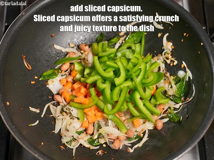 Step 18 – Add &frac12; cup <a href="https://www.tarladalal.com/glossary-sliced-capsicum-165i">sliced capsicum</a>. Sliced capsicum offers a satisfying crunch and juicy texture …