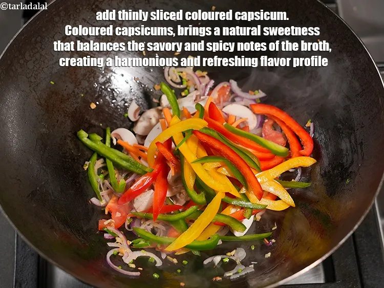 Step 18 – Add &frac34; cup thinly <a href="https://www.tarladalal.com/glossary-sliced-coloured-capsicum-2803i">sliced coloured capsicum</a>. Coloured capsicums, brings a natural sweetness that …