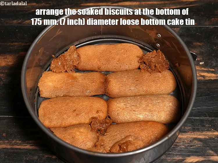 Step 15 – <p>Arrange the soaked biscuits at the bottom of 175 mm. (7 inch) diameter loose bottom …